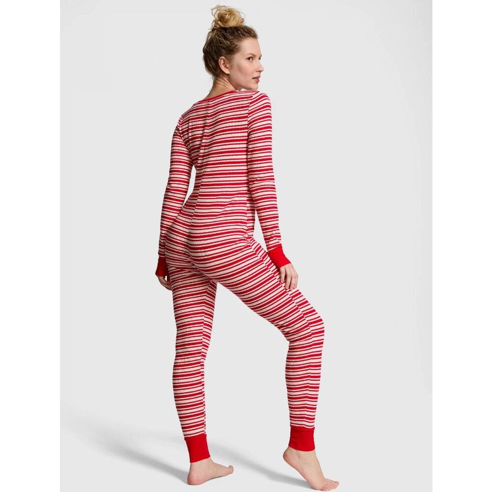 PINK Victoria's Secret Red Striped One Piece Thermal Onesie Pajama Large NWT - Picture 2 of 10